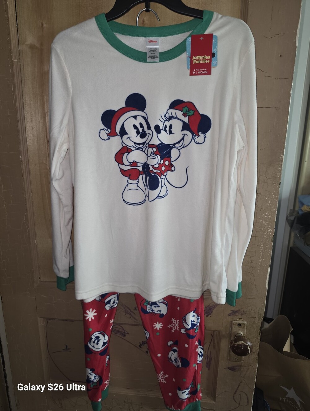 Disney Womens Red White and Green Mickey & Minnie Holiday Pajama Set